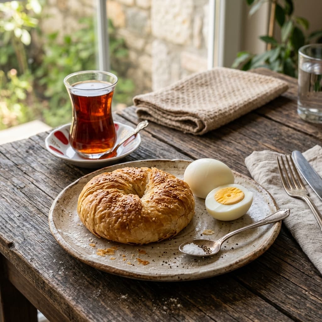 İzmir'in tarihi boyoz ve fırınlanmış yumurta kahvaltısı sofrası