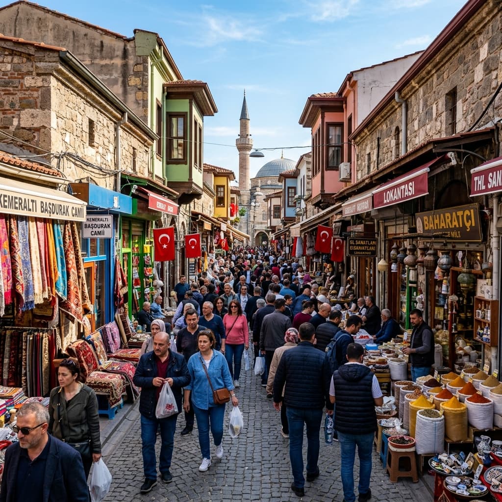 İzmir Kemeraltı Çarşısı'nın tarihi sokakları ve kalabalık çarşı hayatı